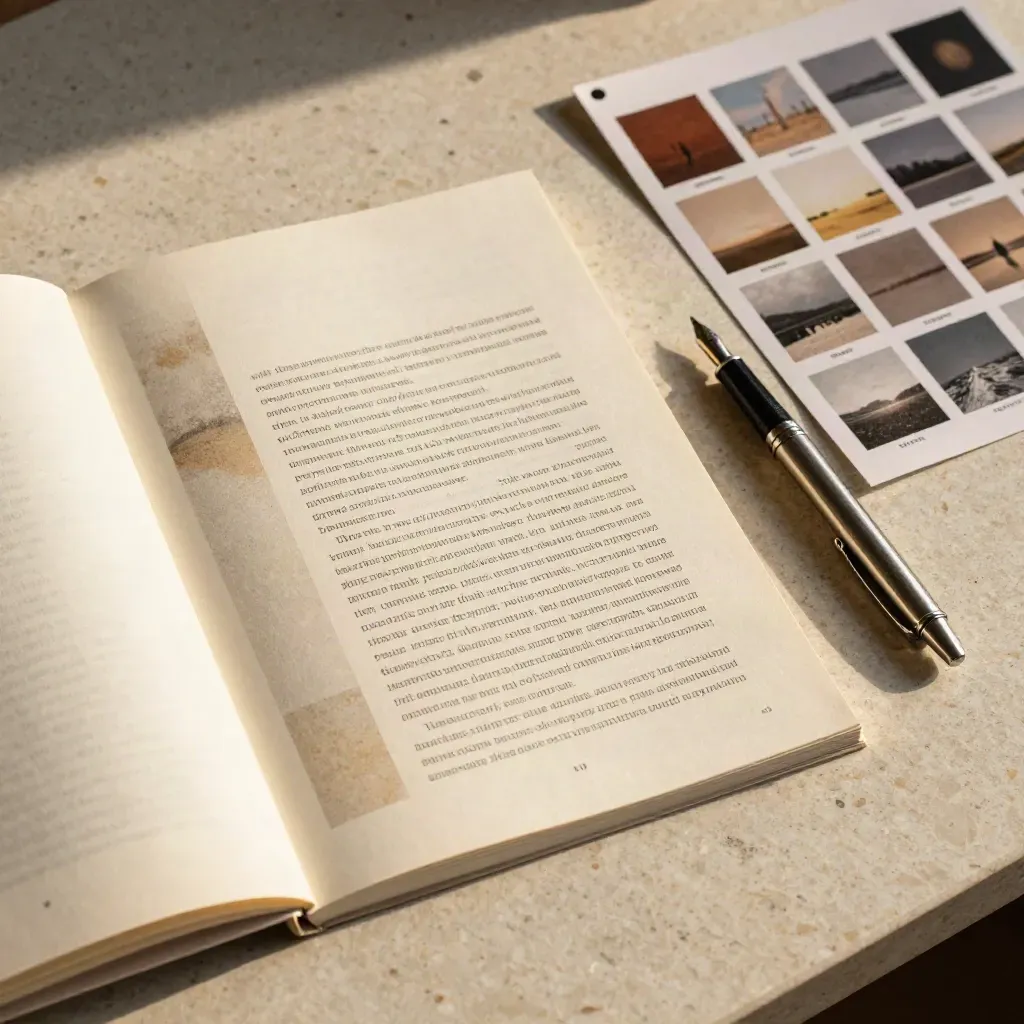 Booklet, proof strips, pen, and image board on travertine, top-down editorial still life