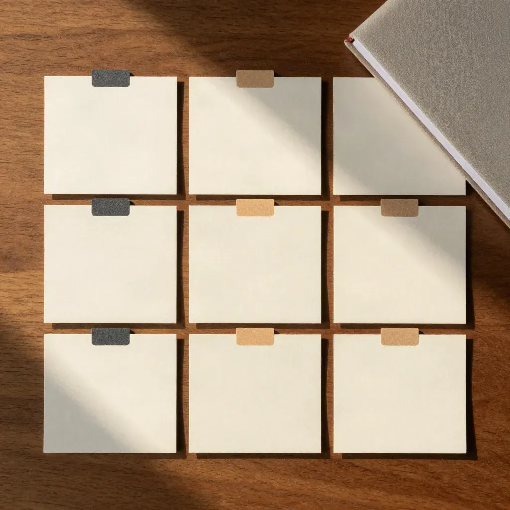 Top-down content strategy grid with blank cards, color tabs, and a closed calendar book on walnut wood.