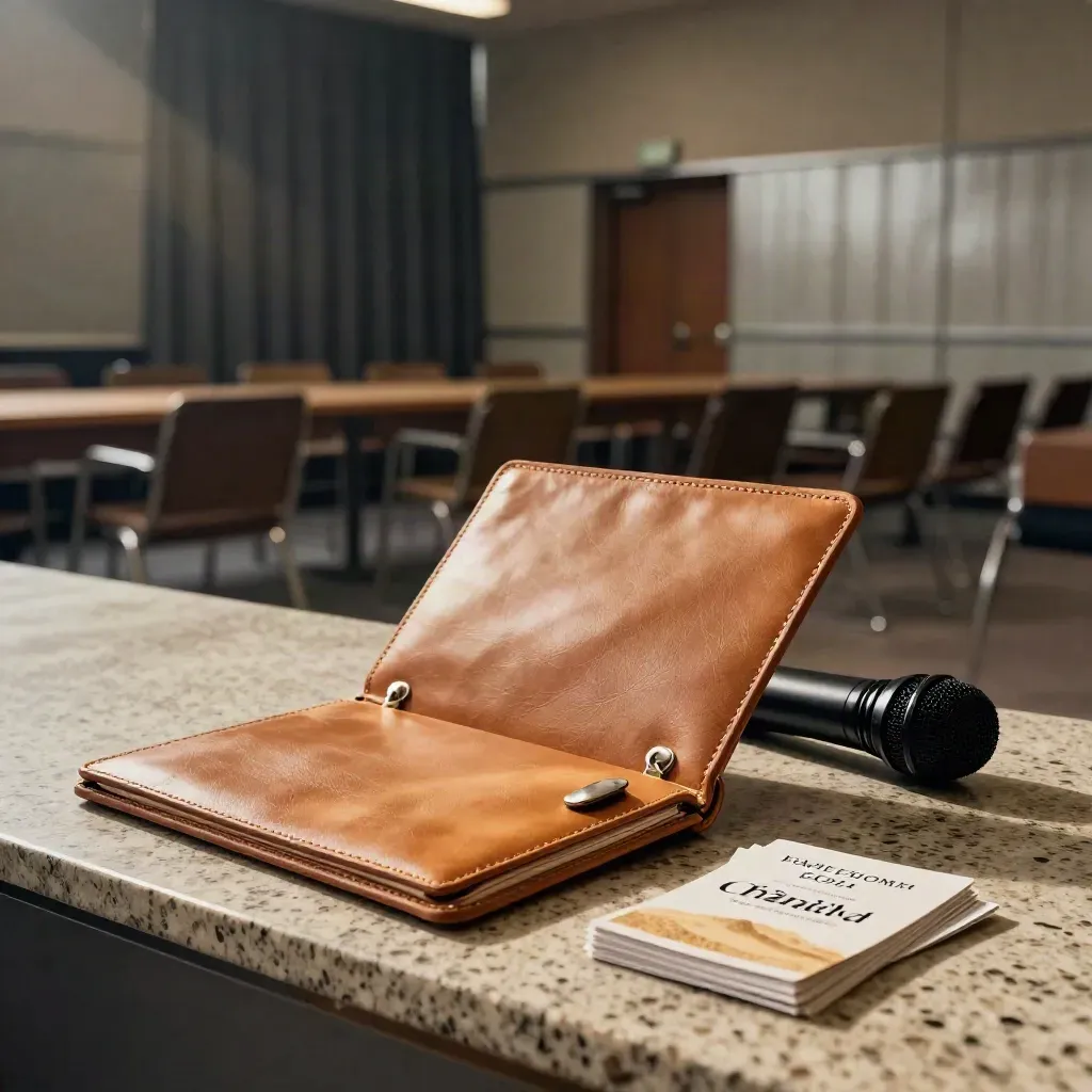 Speaker pitch kit with leather folio, microphone case, and event cards in a moody backstage lounge.