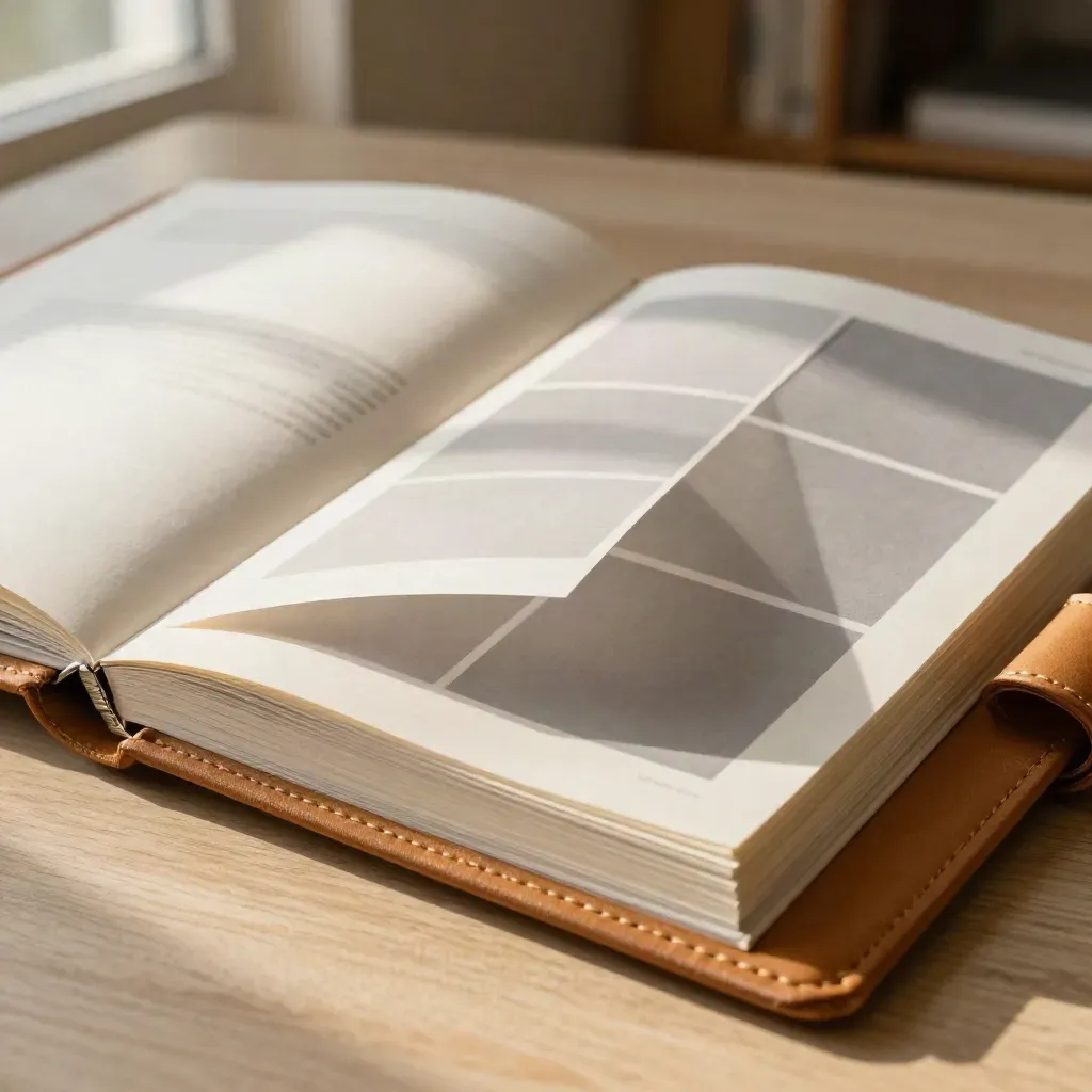 Leather portfolio sleeve and ivory proof sheets on pale oak in soft window light