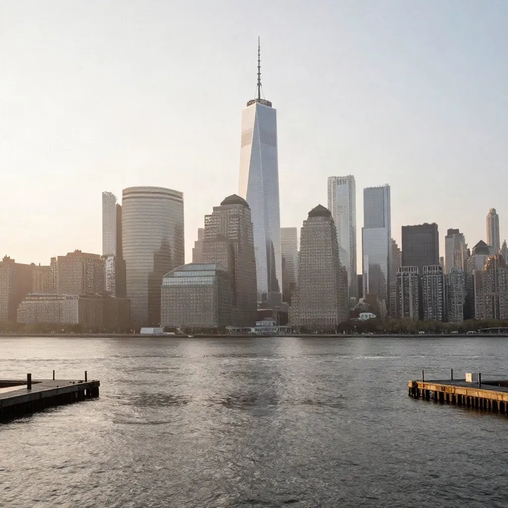 Hazy dawn skyline of Lower Manhattan across calm river, with wide copy space below.