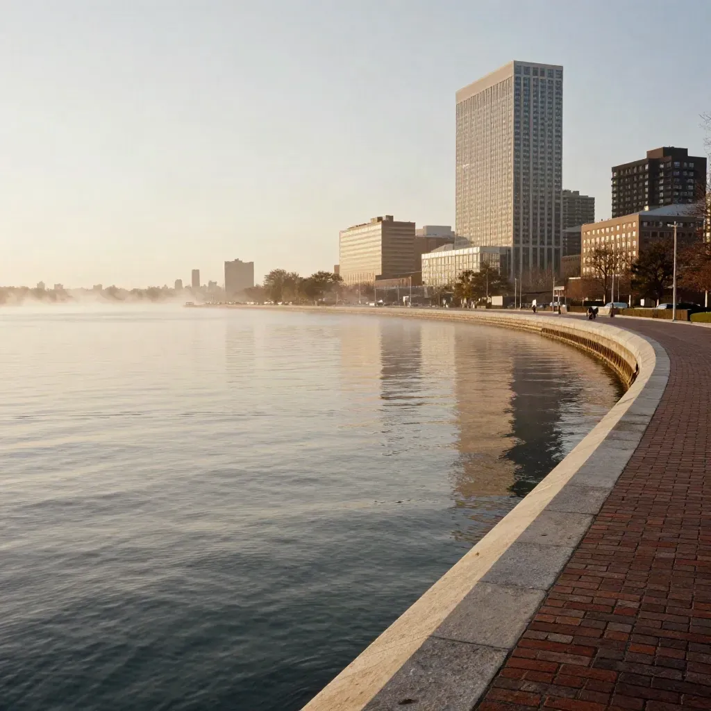 Boston river sunrise with Back Bay skyline, calm water, brick embankment, and light mist.